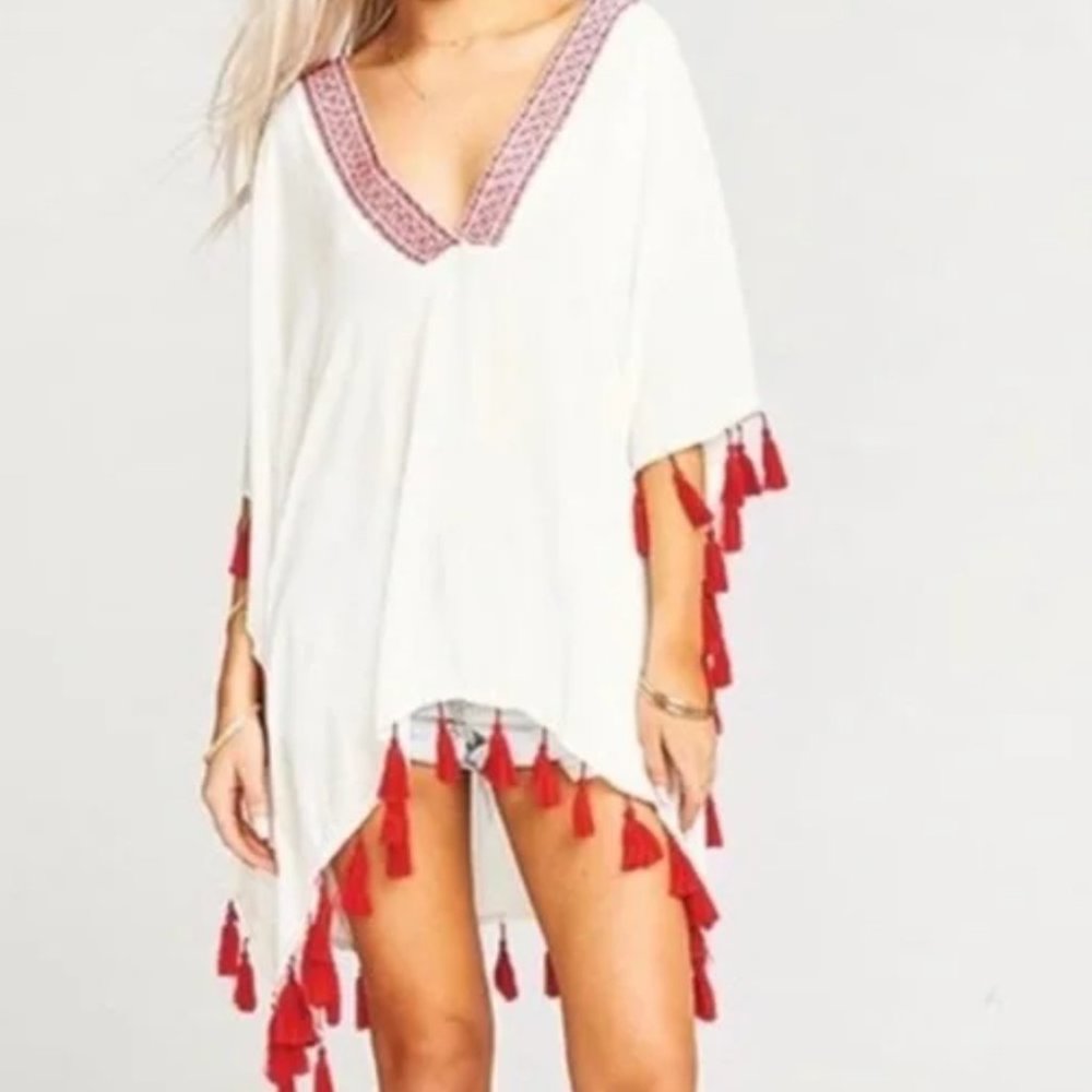 Show Me Your MuMu Trace Diamond Head Embroidery Tassel Fringe Tunic Cover-Up